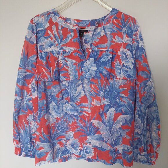 J. Crew Tops - J. Crew Women's Sz S Long Sleeve Ruffle Top Ratti Rio Palm Floral Blue/Orange,